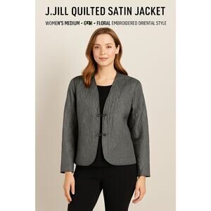 New J.Jill 100% Silk Quilted Jacket Women’s Large Gray Asian Inspired Minimalist